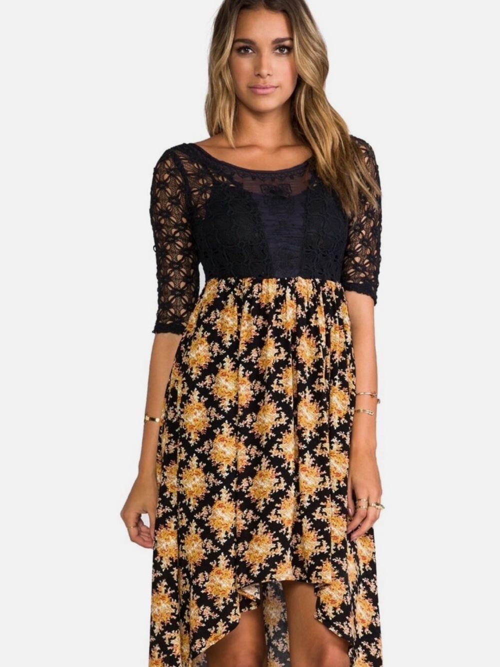 Free People Black Lace Bodice with Yellow Floral High-Low Dress
